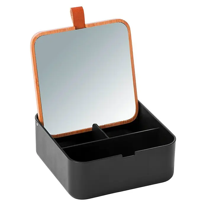 Wenko Aufbewahrungsbox Bovisa - 14 x 14 x 5,5 cm, Kunststoff, Schwarz - Schwarzer Schmuckkasten mit Fächern und Spiegel, ideal für die Aufbewahrung von Schmuck und Accessoires.