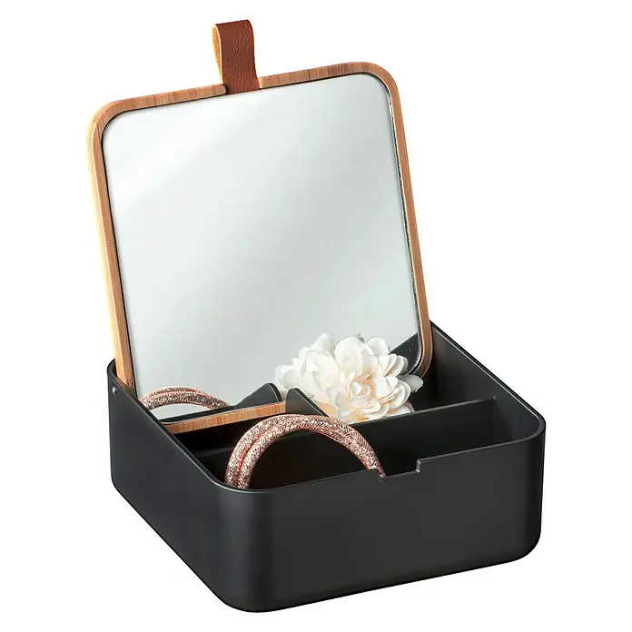 Wenko Aufbewahrungsbox Bovisa - 14 x 14 x 5,5 cm, Kunststoff, Schwarz - Schmuckkästchen mit Spiegel und Fächern zur Aufbewahrung von Schmuck, stilvoll und praktisch.