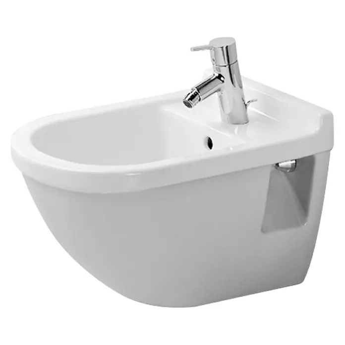 Duravit Starck 3 Wand-Bidet Typ 2 - 36 x 54 cm, Weiß, Keramik, Mit schmutzabweisender Glasur - Das Bild zeigt ein modernes, wandhängendes Bidet mit einem verchromten Wasserhahn auf einem schwarzen Hintergrund. Elegantes Design für das Badezimmer.