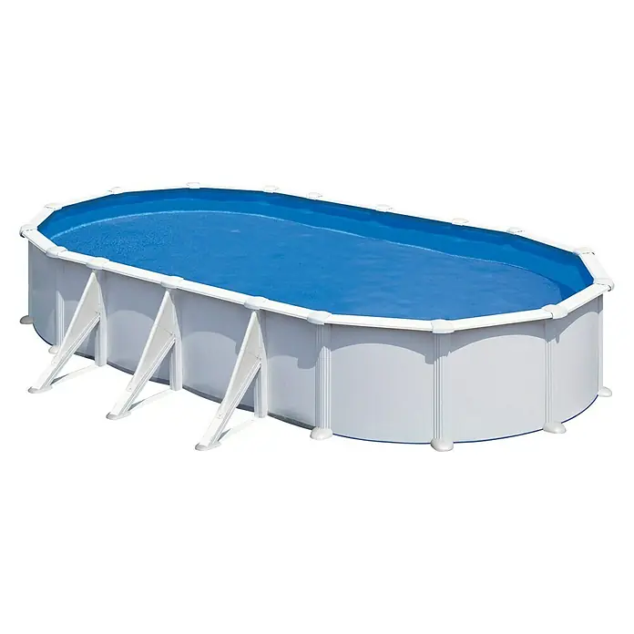 Gre Piscina de acero desmontable Atlantis - L x An x Al: 730 x 375 x 132 cm, Blanco, 28.217 l - Piscina ovalada sobre suelo con interior azul y exterior blanco para disfrutar al aire libre.