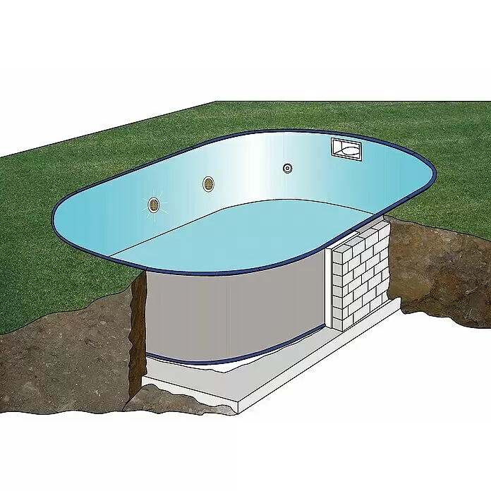 Gre Kit de piscina enterrada Madagascar - L x An x Al: 700 x 320 x 150 cm, 27.470 l - Vista en sección de una piscina enterrada, mostrando paredes de acero, base de hormigón y revestimiento interior con luces y skimmer.