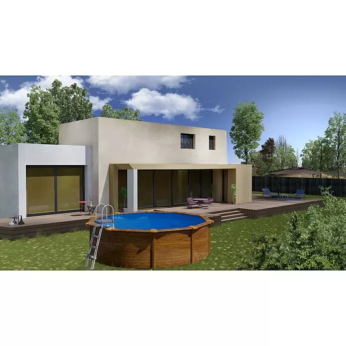 Gre Piscina de acero desmontable Sicilia - Ø x Al: 300 x 120 cm, Marrón claro, 7.418 l - Piscina elevada con efecto madera en un jardín, con escalera para fácil acceso.