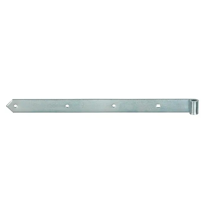 Stabilit Scharnier - L x B: 400 x 30 mm, Stärke: 3 mm, Verzinkt - Nahaufnahme eines verzinkten T-Bandscharniers mit Befestigungslöchern, ideal für Tore und Türen.