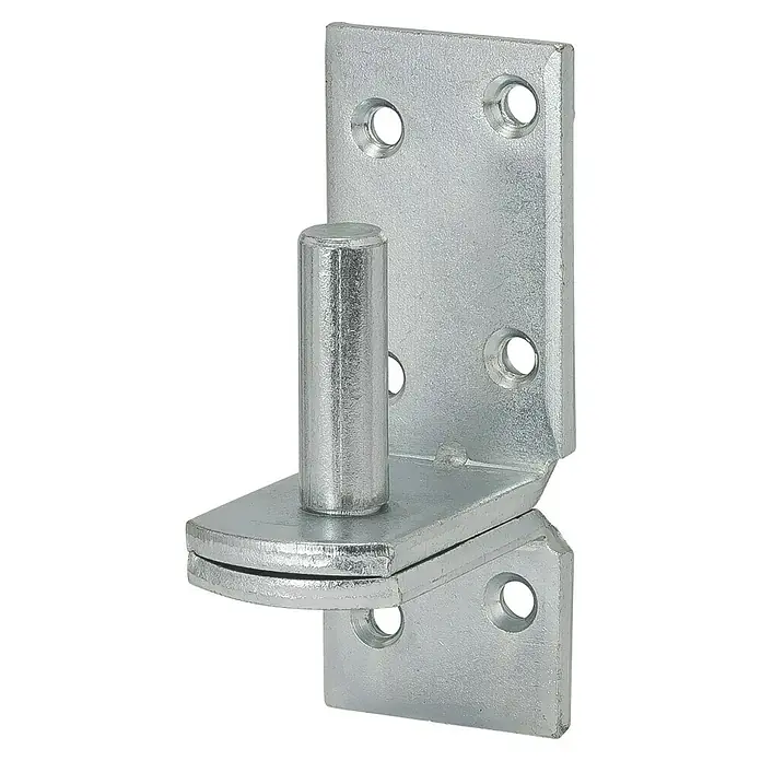 Vormann Aufschraubkloben - Durchmesser Dorn: 10 mm, Abstand Dorn bis Platte: 81 mm, L x B: 85 x 33 mm - Nahaufnahme eines verzinkten Torscharniers, das für robuste Befestigungen und langlebige Leistung im Außenbereich entwickelt wurde.