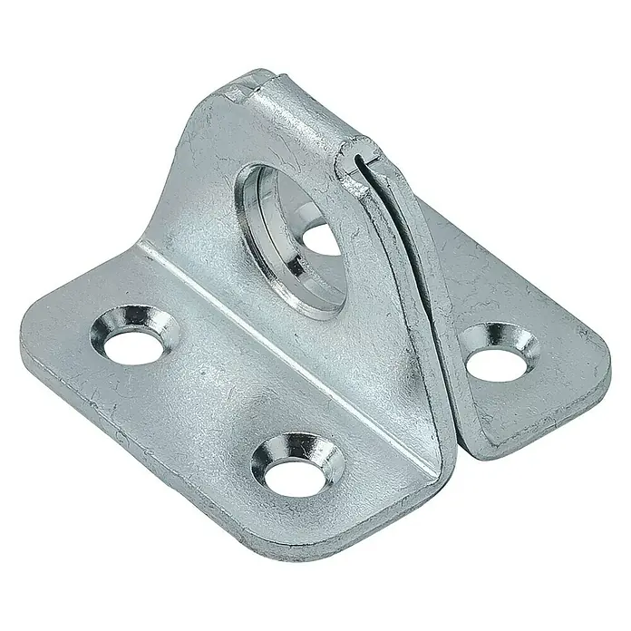 Stabilit Ösenplatte - B x H: 37 x 37 mm, Bügelbreite: 27,5 mm - Nahaufnahme eines verzinkten Winkelbeschlags aus Metall mit Befestigungslöchern und Öse, ideal für diverse Montageanwendungen.