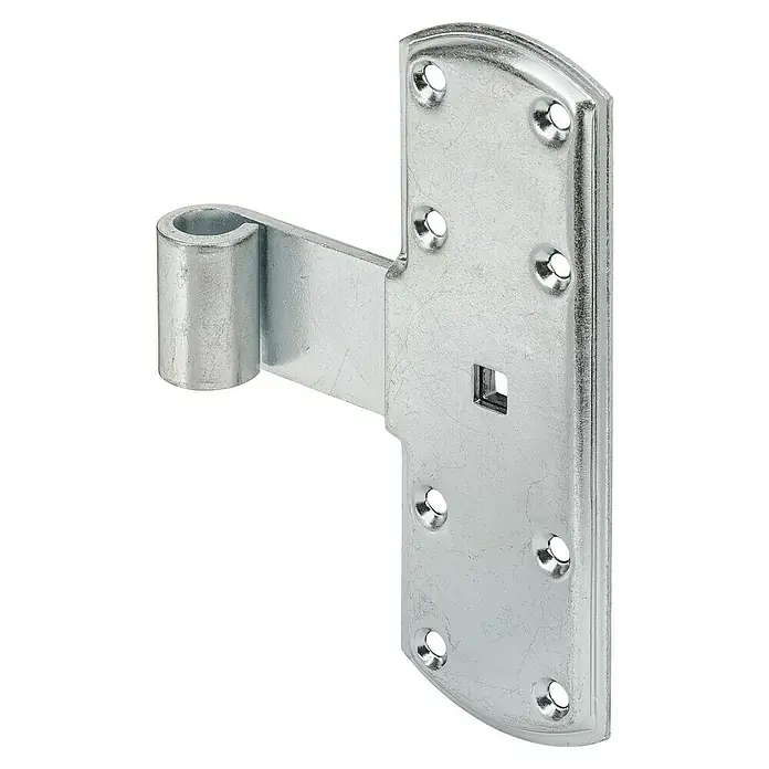 Stabilit Kreuzband - B x H: 50 x 160 mm, Innendurchmesser Rolle: 13 mm - Nahaufnahme eines robusten, verzinkten Kloben für Tor oder Tür, mit Befestigungslöchern und stabilen Halterung. Ideal für den Aussenbereich.
