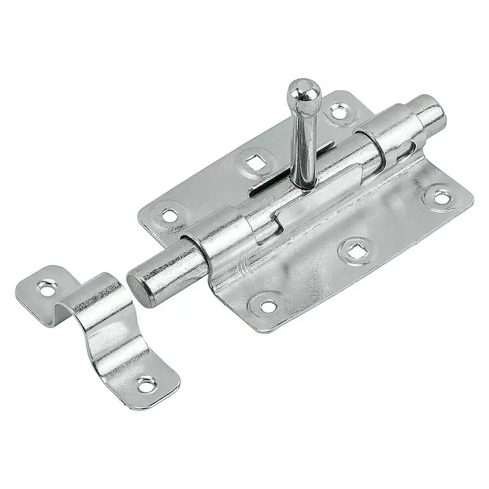 Stabilit Bolzenschließriegel - 150 x 66 mm, Verzinkt - Ein glänzender, silberfarbener Riegel mit Bolzen und Verschlussbügel für zusätzliche Sicherheit und Privatsphäre.