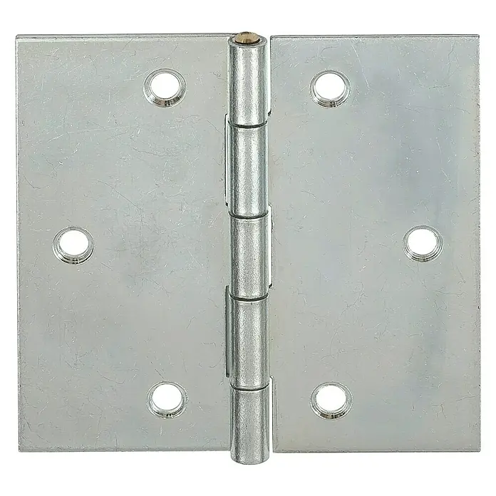 Stabilit Scharnier - L x B: 40 x 40 mm, Material: Stahl - Nahaufnahme eines silberfarbenen Türscharniers mit Löchern für die Schraubenbefestigung auf schwarzem Hintergrund.