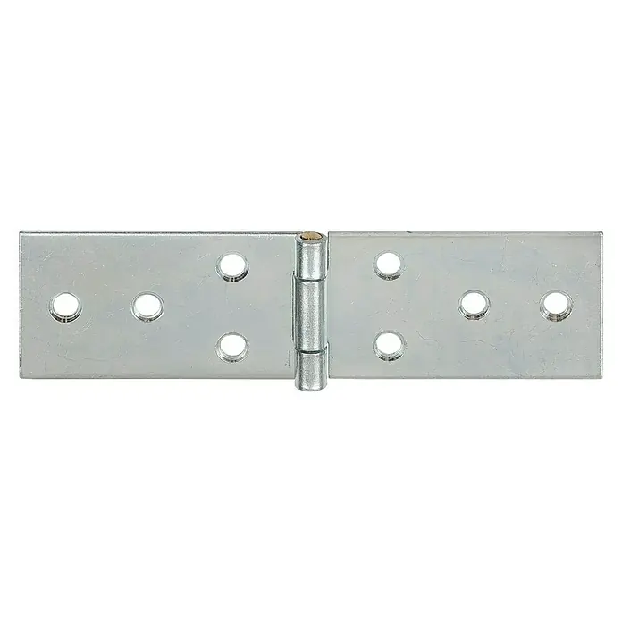 Stabilit TischbandL x B: 23 x 50 mm, Material: Stahl - Nahaufnahme eines silbernen Türbandes mit mehreren Löchern auf einem schwarzen Hintergrund.