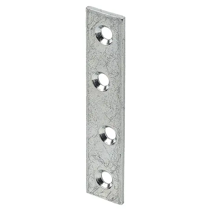 Stabilit Verbindungsblech - 120 x 18 mm, Stärke: 2 mm - Metallverbinderplatte mit vier Löchern. Die Platte ist aus robustem, glänzendem Metall gefertigt und für stabile Verbindungen konzipiert.