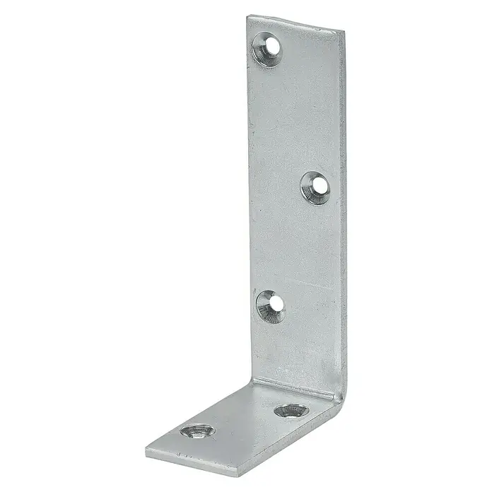 Stabilit Escuadra pesada - 75 x 40 x 150 mm, Espesor: 5 mm - Un conector de ángulo plateado brillante con agujeros avellanados, ideal para conexiones robustas en construcción y mobiliario.