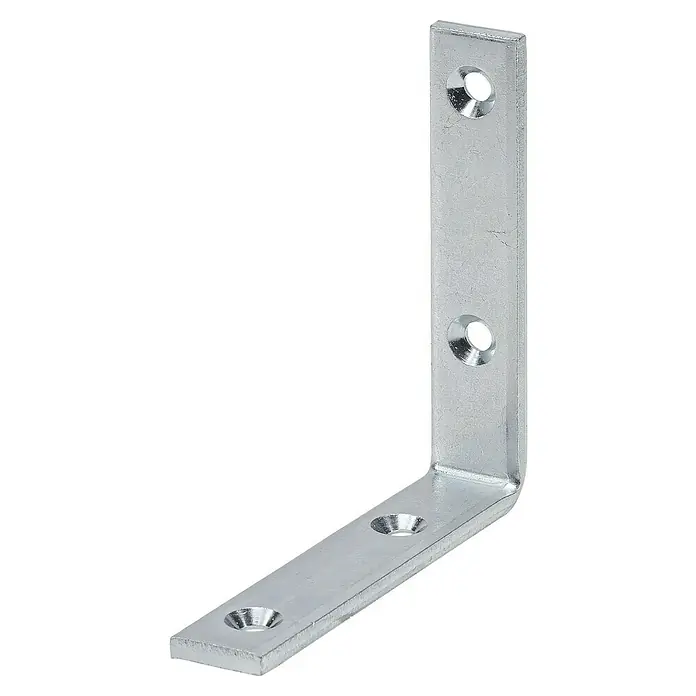 Stabilit Starker Winkel - 160 x 20 x 160 mm, Stärke: 3 mm, 1 Stk. - Nahaufnahme einer silbernen Winkelverbindung aus Metall mit Befestigungslöchern auf schwarzem Hintergrund.