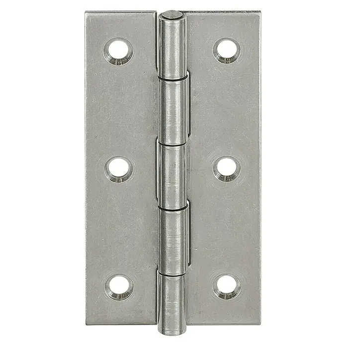 Stabilit Scharnier - 60 x 34 mm, Edelstahl - Nahaufnahme eines glänzenden, silberfarbenen Türscharniers mit sichtbaren Schraubenlöchern und einem stabilen Stift, der die beiden Blätter verbindet.
