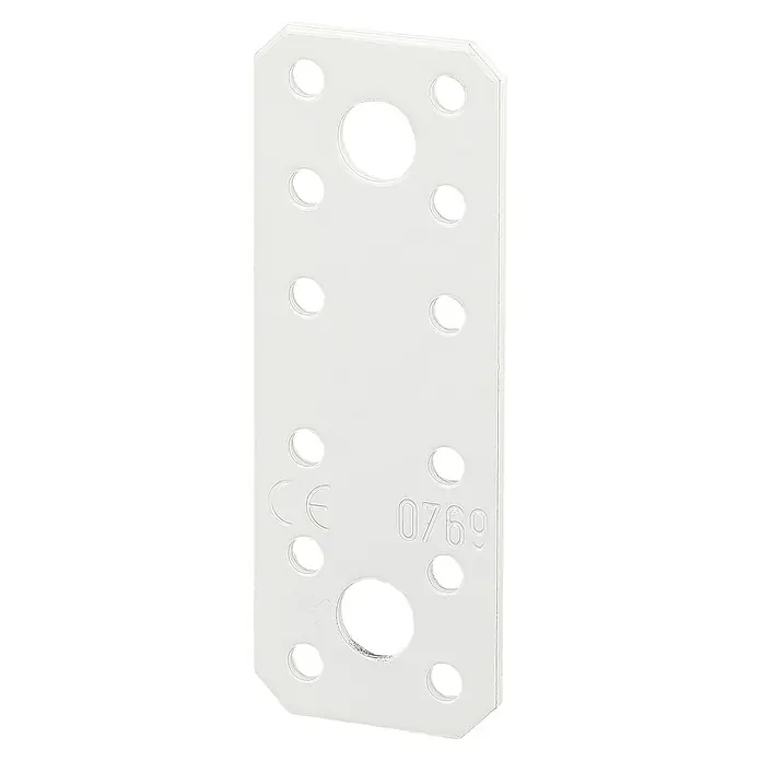 Stabilit Flachverbinder - 136 x 55 mm, Weiß - Weiße Lochplatte mit Bohrlöchern in verschiedenen Größen für Befestigungszwecke im Bauwesen oder Heimwerkerbereich.