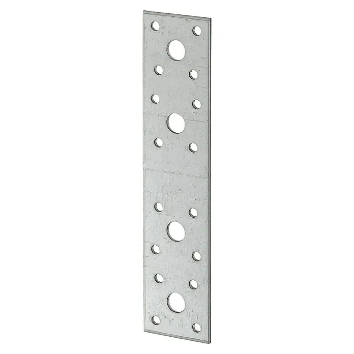 Stabilit Flachverbinder - 180 x 40 mm, 1 Stk. - Metallplatte mit mehreren runden Löchern unterschiedlicher Größe, die ein interessantes Muster erzeugen. Ideal für industrielle Projekte!