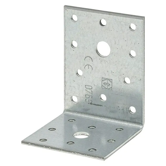 Stabilit WinkelverbinderL x B x H: 80 x 60 x 60 mm, Stärke: 2,5 mm - Winkelverbinder aus Metall mit zahlreichen Löchern zur Befestigung in verschiedenen Anwendungen. CE-Kennzeichnung und Herstellerlogo sind sichtbar.