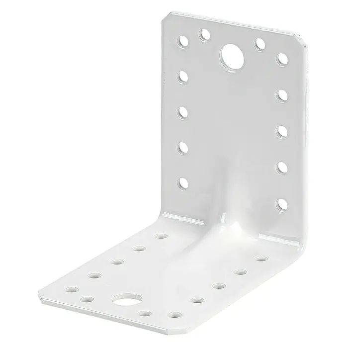 Stabilit Schwerlast-Winkelverbinder - 90 x 90 x 65 mm, Weiß - Winkelverbinder aus Metall, weiß lackiert, mit zahlreichen Bohrlöchern zur Befestigung, ideal für stabile Verbindungen im Bauwesen.