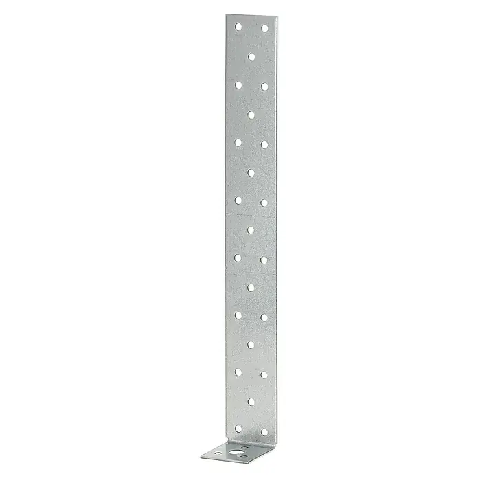 Stabilit Beton-Flachstahlanker - 300 x 40 x 40 mm, 1 Stk. - Ein langer, silberner Metallwinkelverbinder mit vielen Löchern und einem Winkel an der Basis zur Befestigung.