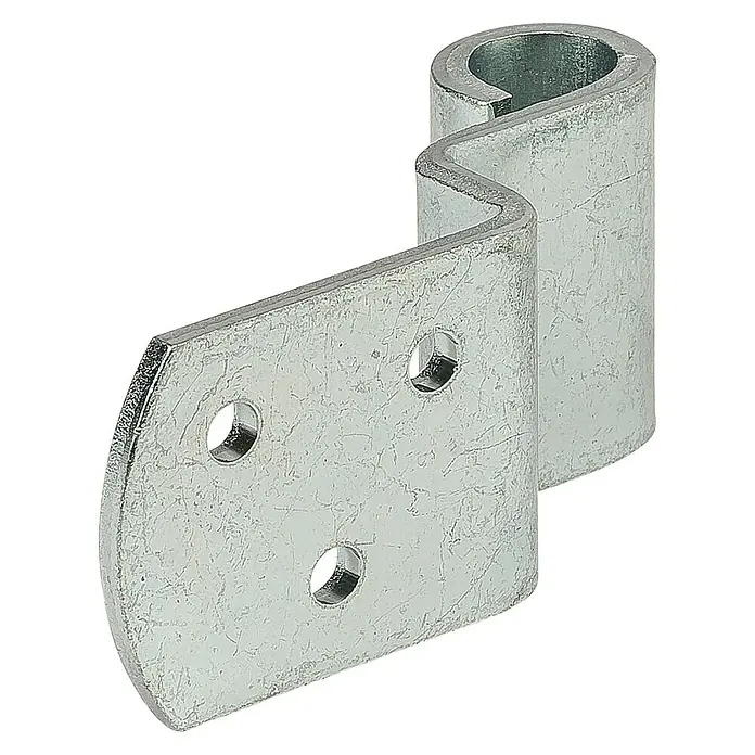 Stabilit L-FlechtzaunbandDurchmesser Dorn: 10 mm, Gesamtstückzahl: 1 Stk. - Nahaufnahme eines verzinkten Torbandes mit Befestigungslöchern und einer S-förmigen Verbindung zu einem zylindrischen Scharnierteil.