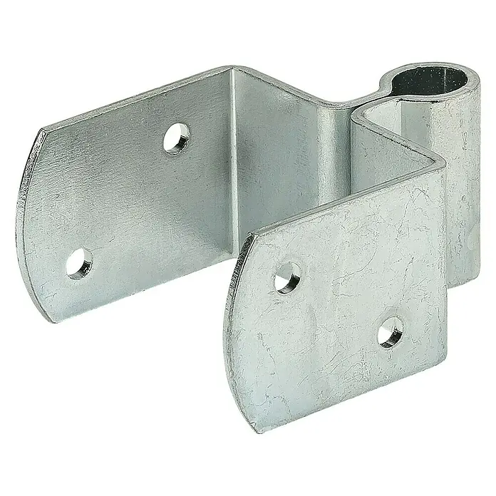 Stabilit U-Flechtzaunband - Durchmesser Dorn: 10 mm, 1 Stk. - Nahaufnahme eines silberfarbenen Torbandes mit Befestigungslöchern, ideal für robuste und langlebige Torlösungen.