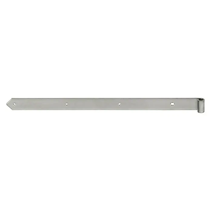 Stabilit Scharnier - B x H: 400 x 40 mm, Stärke: 4 mm, Innendurchmesser Rolle: 13 mm, Edelstahl - Nahaufnahme eines silbernen Ladenbandes mit schmaler Form, Löchern zur Befestigung und einem Scharnier an einem Ende.