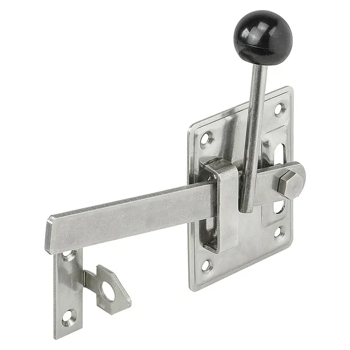 Stabilit Gartentorfalle - B x H: 80 x 100 mm, Edelstahl - Diese Aufnahme zeigt einen stabilen Riegel mit einem schwarzen Griff, ideal für sichere Verschlüsse und robuste Anwendungen.