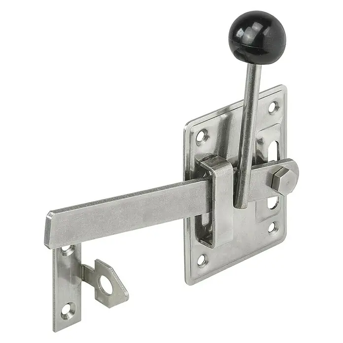 Stabilit GartentorfalleB x H: 80 x 100 mm, Edelstahl - Diese Aufnahme zeigt einen stabilen Riegel mit einem schwarzen Griff, ideal für sichere Verschlüsse und robuste Anwendungen.