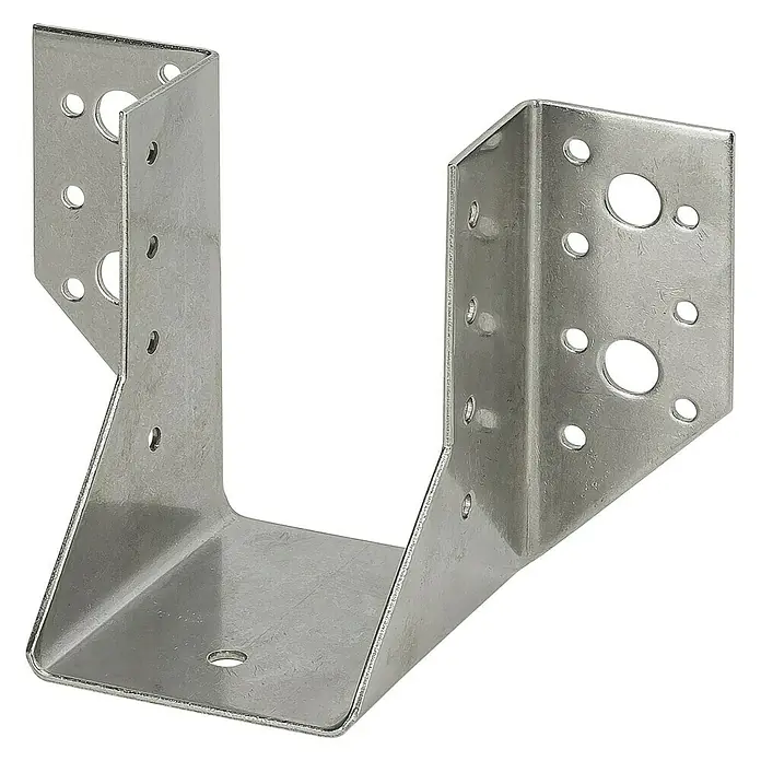 Stabilit Balkenschuh Typ A - 60 x 100 mm, Edelstahl - Produktaufnahme eines Balkenschuhs mit vielen Löchern zur Befestigung im Bauwesen. Dieses verzinkte Stahlteil ist robust und langlebig.