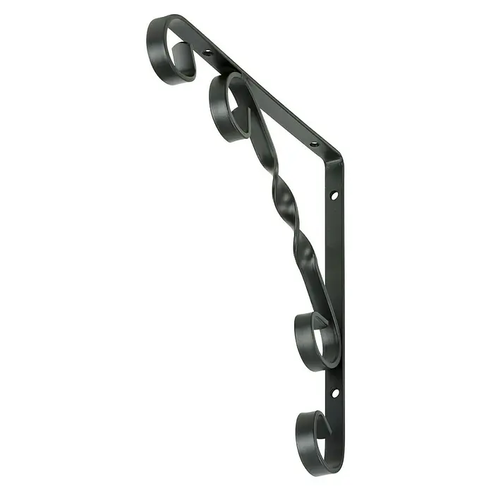 Stabilit Escuadra de pared Decor - L x An x Al: 200 x 14 x 200 mm, Carga soportada: 20 kg, Acero, Negro - Soporte metálico con volutas decorativas para montaje en pared y fijación de estanterías u otros elementos. Ideal para interiores.