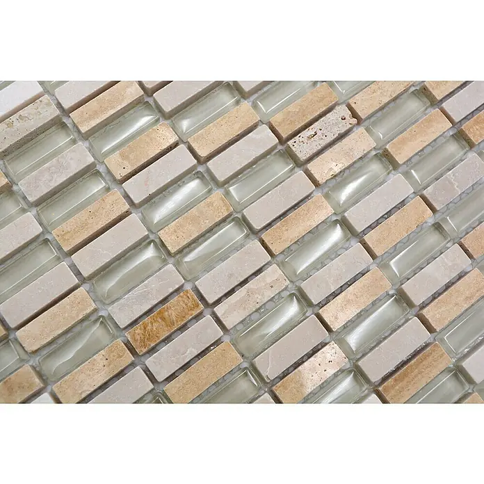 Mosaikfliese Stäbchen Crystal Mix XCM XS33 - 31,3 x 31,8 cm, Beige, Glänzend - Nahaufnahme von beigen und durchsichtigen Mosaikfliesen.