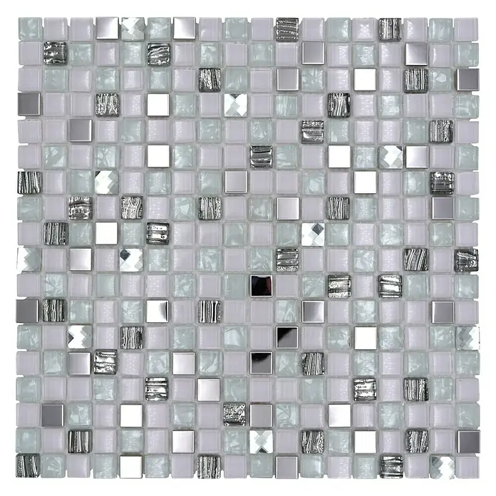 Mosaikfliese Quadrat Crystal Mix XCM M770 - 30 x 30 cm, Weiß, Glänzend - Nahaufnahme eines Mosaiks mit weißen, silbernen und strukturierten Akzenten, ideal für stilvolle Wand- oder Bodenbeläge.