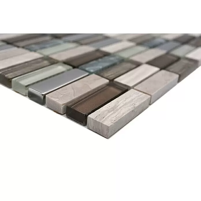 Mosaikfliese Rechteck Crystal Mix XCM SM68 - 29,8 x 30,4 cm, Beige/Braun, Glänzend - Mehrteilige Mosaikfliesenplatte mit rechteckigen Stücken aus Stein, Glas und Metall in neutralen Farbtönen.