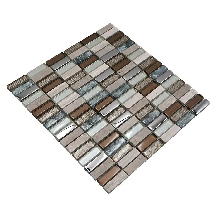 Mosaikfliese Rechteck Crystal Mix XCM SM68 - 29,8 x 30,4 cm, Beige/Braun, Glänzend - Hochwertiges Mosaikfliesen-Design mit braunen, silbernen und beigen Farbtönen für stilvolle Wand- und Bodenbeläge.