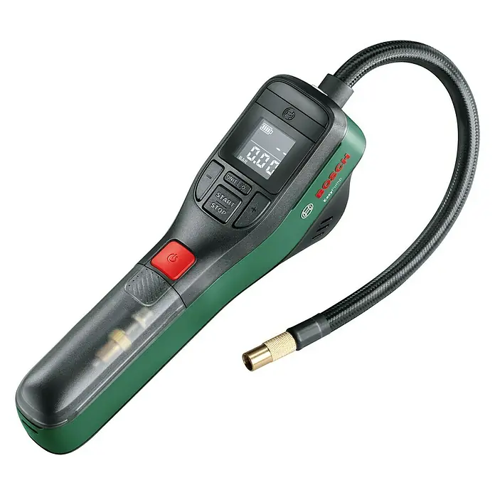 Bosch Akku-Luftpumpe EasyPump - 3,6 V, Anzahl Akkus: 1 Akku - Das Bild zeigt eine tragbare Bosch EasyPump, eine digitale, akkubetriebene Luftpumpe zum Aufpumpen von Reifen und Bällen.