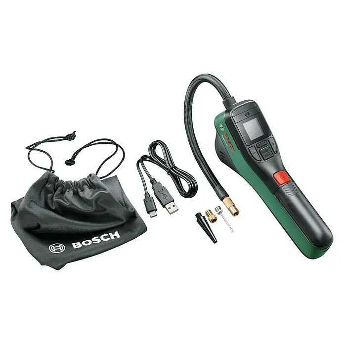 Bosch Akku-Luftpumpe EasyPump - 3,6 V, Anzahl Akkus: 1 Akku - Bosch EasyInflate 18 Akku-Luftpumpe mit Zubehör. Ideal für schnelles Aufpumpen von Reifen und Bällen. Inklusive Aufbewahrungsbeutel und USB-Ladekabel.