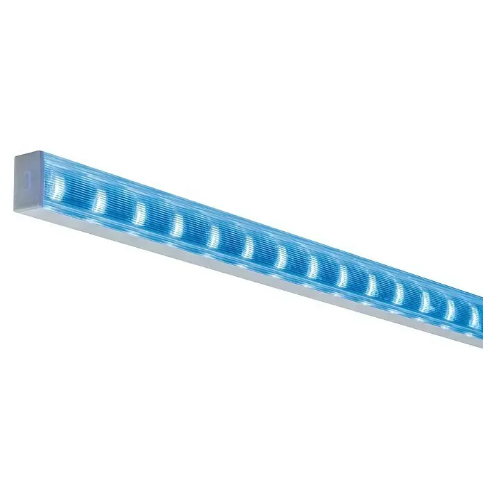 Paulmann U-Profil Function Square Profil Diffusor - L x B x H: 1 m x 2,3 cm x 1,5 cm, Aluminium - Lineare LED-Lichtleiste mit weißem Gehäuse und gerippter, transluzenter blauer Abdeckung, die blaues Licht abstrahlt.