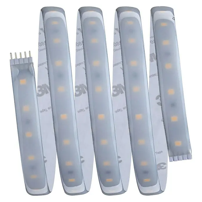 Paulmann MaxLED 500 LED-Band Function Tunable White Basisset - Länge: 1,5 m, Silber - Nahaufnahme von LED-Lichtern mit Schutzfolie auf der Rückseite, ideal für flexible Beleuchtungslösungen im Innenbereich.
