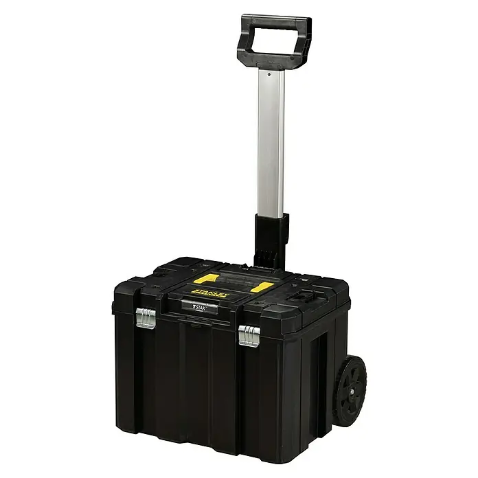 Stanley TSTAK Rollende Profi-Box - L x B x H: 51,2 cm x 43,5 mm x 99 cm, M, Ohne Werkzeug, Ausziehbarer Handgriff - Abbildung eines schwarzen Stanley Fatmax Werkzeugkoffers mit Rädern und ausziehbarem Griff, ideal für den mobilen Einsatz.