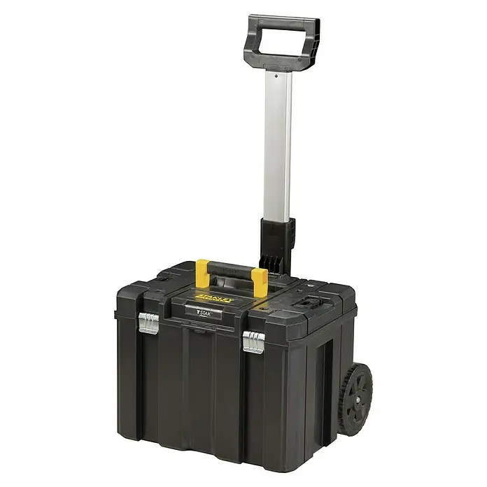 Stanley TSTAK Rollende Profi-Box - L x B x H: 51,2 cm x 43,5 mm x 99 cm, M, Ohne Werkzeug, Ausziehbarer Handgriff - Abgebildet ist ein schwarzer Stanley FatMax Werkzeugkoffer mit Rollen und Teleskopgriff, ideal für den mobilen Einsatz von Handwerkern.