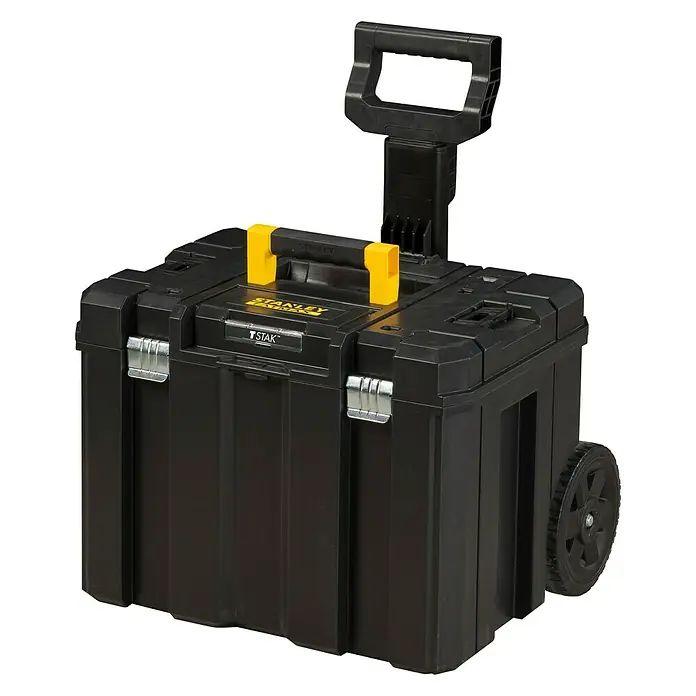 Stanley TSTAK Rollende Profi-Box - L x B x H: 51,2 cm x 43,5 mm x 99 cm, M, Ohne Werkzeug, Ausziehbarer Handgriff - Ein schwarzer Stanley FatMax Werkzeugkoffer mit gelben Akzenten und einem ausziehbaren Griff und Rädern für einfachen Transport.