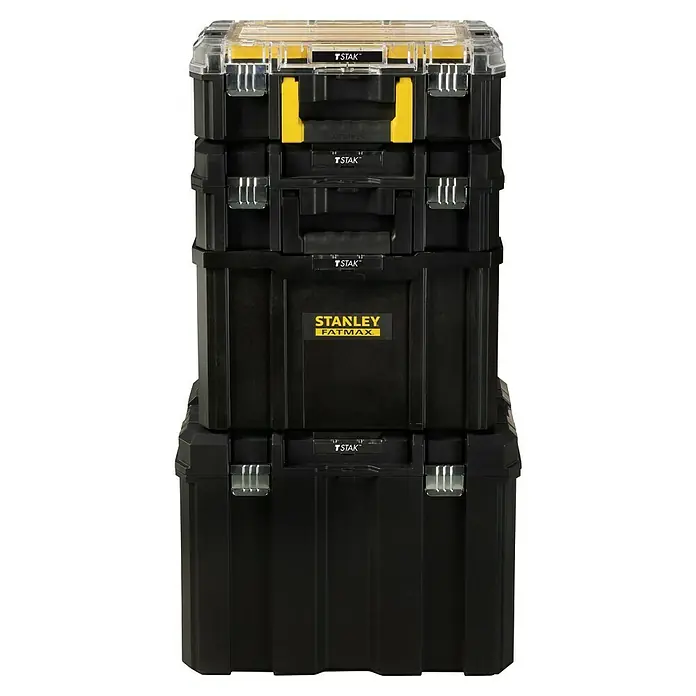 Stanley TSTAK Rollende Profi-Box - L x B x H: 51,2 cm x 43,5 mm x 99 cm, M, Ohne Werkzeug, Ausziehbarer Handgriff - Stapelbare Stanley Fatmax TStak Werkzeugboxen in Schwarz mit gelben Akzenten, ideal für die Organisation von Werkzeugen und Zubehör.