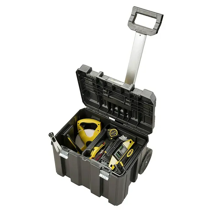 Stanley TSTAK Rollende Profi-Box - L x B x H: 51,2 cm x 43,5 mm x 99 cm, M, Ohne Werkzeug, Ausziehbarer Handgriff - Rollbarer Werkzeugkasten von Stanley, gefüllt mit Werkzeugen. Ideal für den Transport und die Organisation von Werkzeug auf der Baustelle.