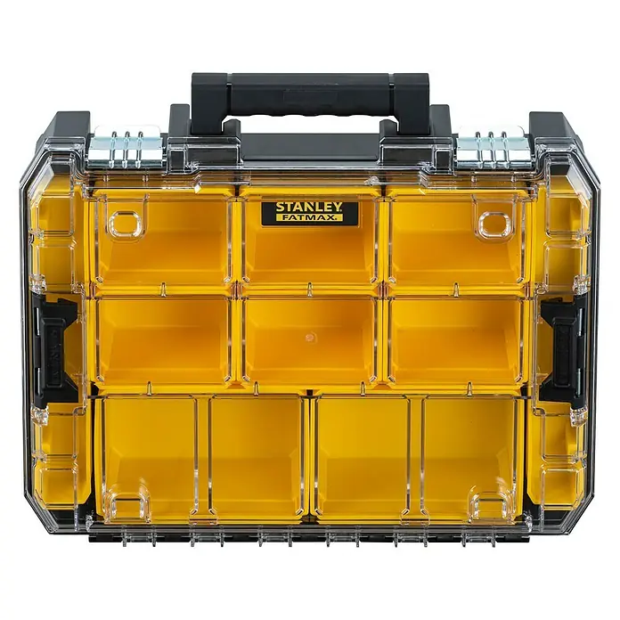 Stanley FatMax Kleinteilekoffer PRO-STACK™ - B x T x H: 337 x 440 x 119 mm, Anzahl Fächer: 10 Stk. - Das Bild zeigt eine Stanley Fatmax Sortimentsbox mit transparentem Deckel und gelben Einsätzen, ideal für die Organisation von Werkzeugen und Kleinteilen.