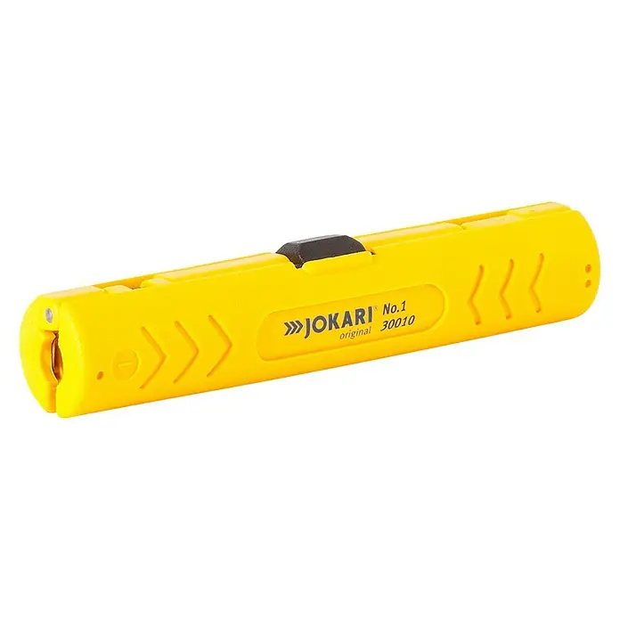 Jokari Koaxial Entmanteler - Geeignet für: Koaxialkabel Ø 4,8 - 7,5 mm, Titan-Nitrid-Beschichtung - Gelber JOKARI No.1 Abisolierer, ein Werkzeug zum einfachen und präzisen Entfernen von Kabelisolierungen. Das Modell ist mit der Nummer 30010 gekennzeichnet.