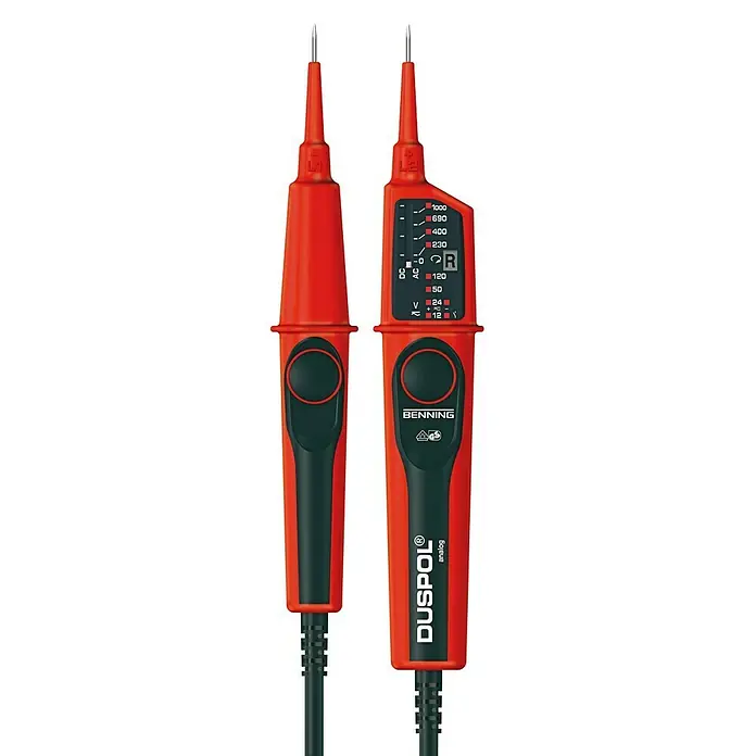 Benning Spannungsprüfer Duspol analog - 12/24/50/120/230/400/690/1.000 V, Schwarz, Rot - Abbildung eines zweipoligen Spannungsprüfers DUSPOL® analog von Benning, ein nützliches Werkzeug für Elektriker.