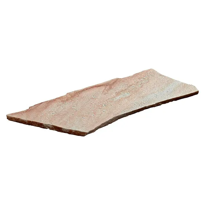 Polygonalplatte - Kupfer, Quarzit, Volumen: 10 m² - Nahaufnahme eines rustikalen, rechteckigen Travertin-Wandpaneels in warmen Rosatönen, ideal für eine natürliche Wandverkleidung.