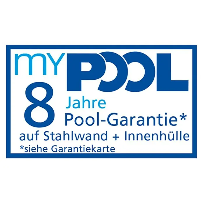 myPool Premium Stahlwand-Pool - Ø x H: 450 x 135 cm, Weiß/Blau, 19.000 l - Logo von MyPool, das 8 Jahre Garantie auf Stahlwände und Innenhüllen von Pools verspricht.