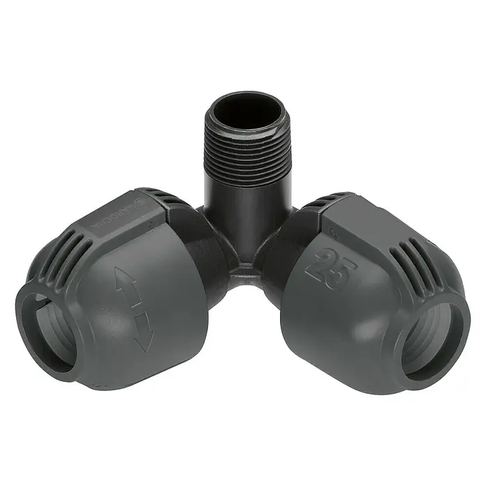 Gardena Sprinklersystem Codo angular - Diámetro: 25 mm, Dimensión conexión: ¾″ - Pieza en T con rosca externa del sistema Micro-Drip de Gardena, ideal para la distribución flexible de agua en sistemas de riego, fácil montaje.