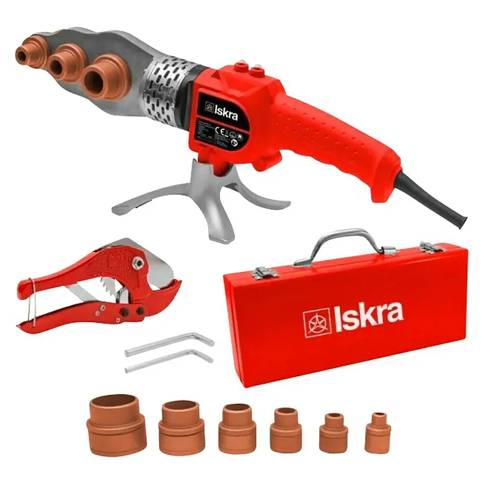 Iskra Fülldrahtschweißgerät - 1.500 W, 300 °C - Ein rotes Iskra Rohrschweißgerät-Set mit Rohrschneider, Zubehör und einem roten Metallkoffer für einfache Lagerung und Transport.