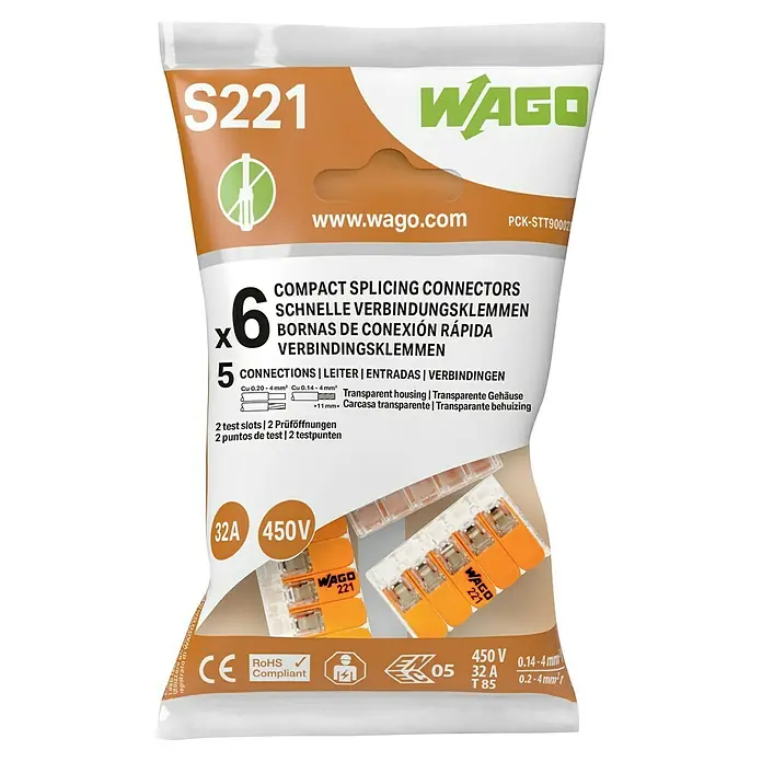 Wago Conector rápido Compacto - 450 V, 6 ud. - Conectores de empalme compactos WAGO S221 para conexiones eléctricas seguras y rápidas en diversas aplicaciones.